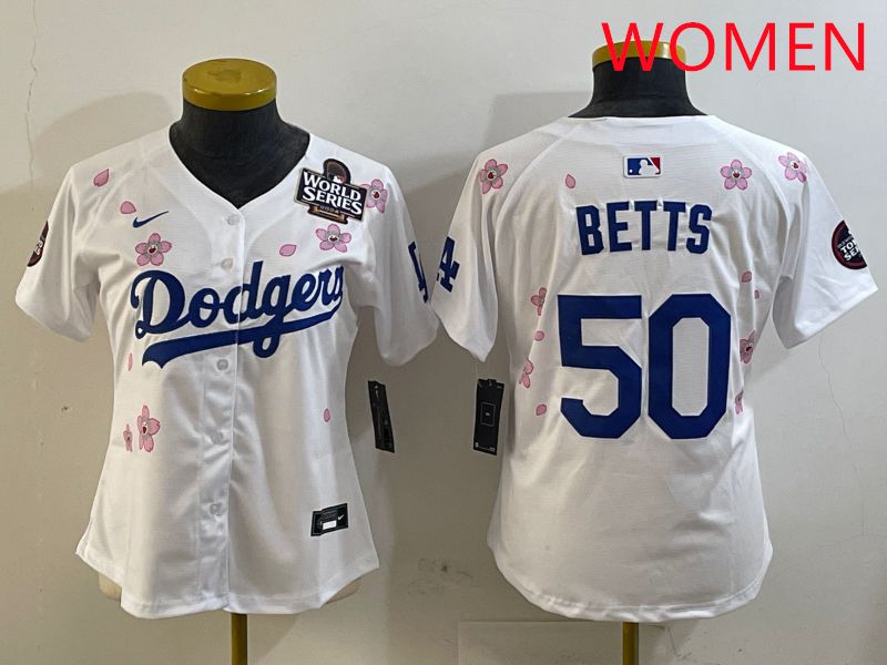 Women Los Angeles Dodgers #50 Betts White Sakura Edition 2025 Nike MLB Jersey style 1